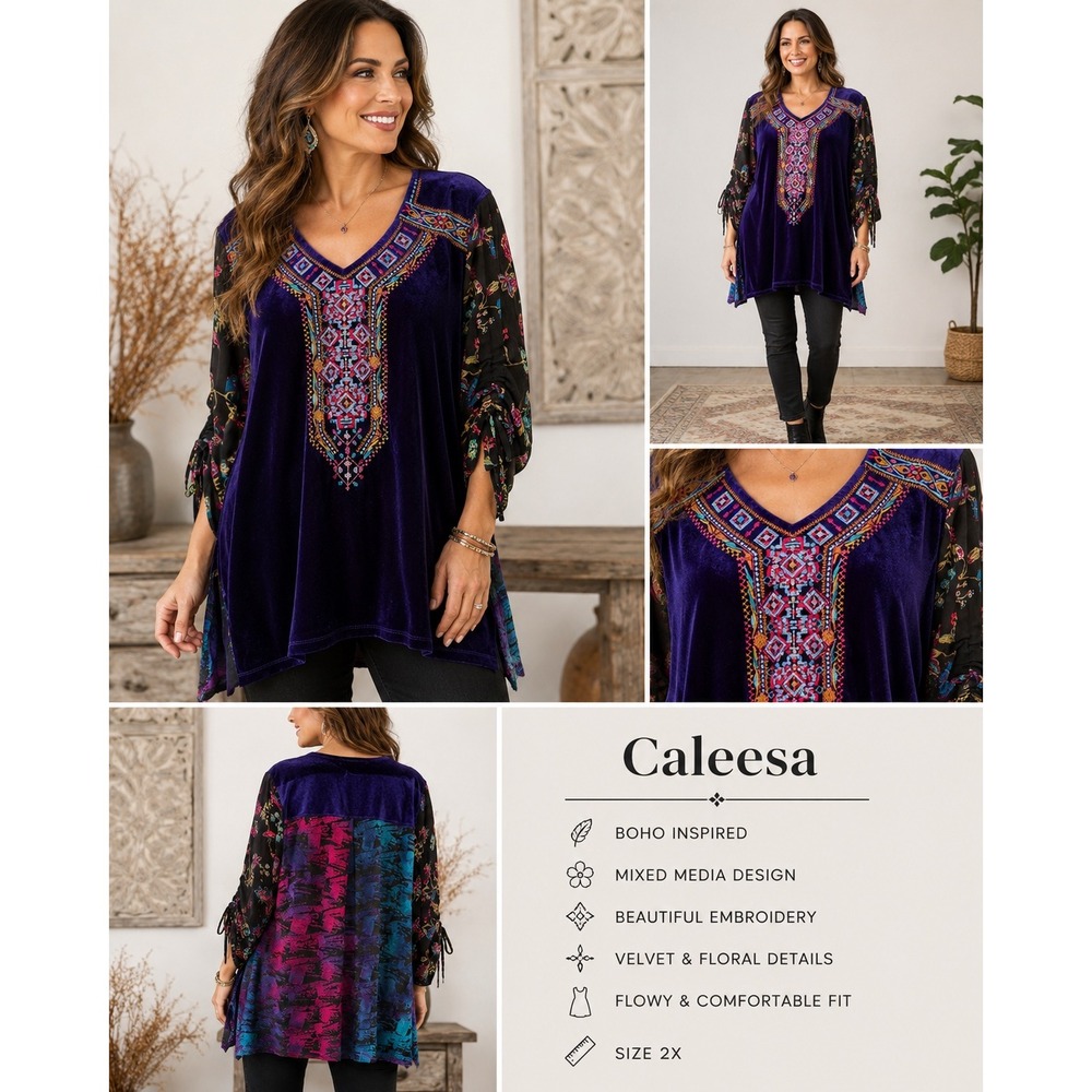 Caleesa‎ 2X Velvet Embroidered Tunic Top Boho Mixed Media Floral Plus
